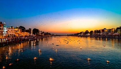 Naklejka premium Ganges River Serenity, A Sacred Aarti Ceremony with Floating Lights