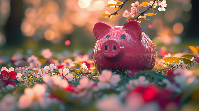 Surreal Pink Piggy Bank Among Cherry Blossoms and Lush Spring Foliage, Glossy Surface Reflecting Soft Sunlight in a Dreamy, Enchanting Banner-Like Scene

