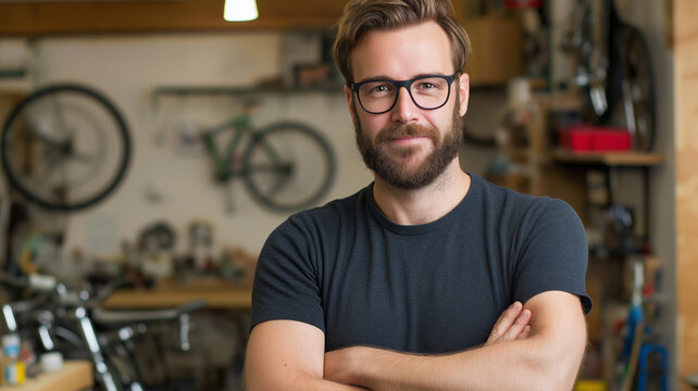 Portrait of a confident bicycle mechanic standing with crossed arms in his repair shop, surrounded by bikes and tools