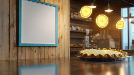 Surreal Fast Food Shop with White Poster and Blue Frame, Glowing Lemon Pie on Counter, Polished Wooden Wall, Low-Key Lighting, Dreamy Pie Day Concept with Floating Lemons