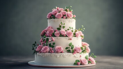 Elegant three-tier wedding cake with pink roses and green foliage on white icing