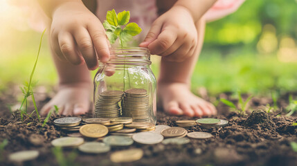 A child placing a coin into a glass jar filled with money and a growing plant symbolizing savings investment and financial growth  
