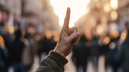 Hand making v sign for victory or peace during protest in urban street with crowd in background