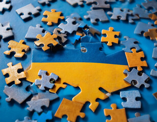 Fototapeta premium Ukrainian language puzzle pieces scattered on a table, symbolizing the learning and connecting of phrases.