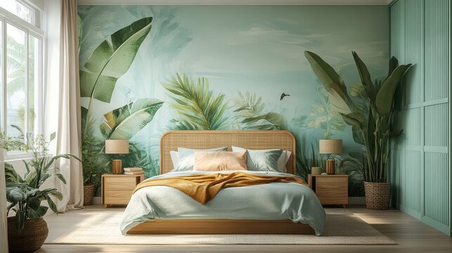 Cozy bedroom with tropical theme, green plants, and mural wallpaper enhancing a serene ambiance