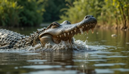 Obraz premium A close-up, high-resolution shot of a crocodile’s head breaking through the still water of a river, its powerful jaws slightly open, revealing razor-sharp teeth
