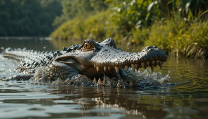 Naklejka premium A dramatic and photorealistic scene of a crocodile's head peeking out from a tranquil river, its fierce eyes glowing with hunger