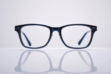 Fototapeta premium Stylish blue eyeglasses with clear lenses reflecting on a clean surface, showcasing modern eye-wear design and vision care technology for fashionable individuals.