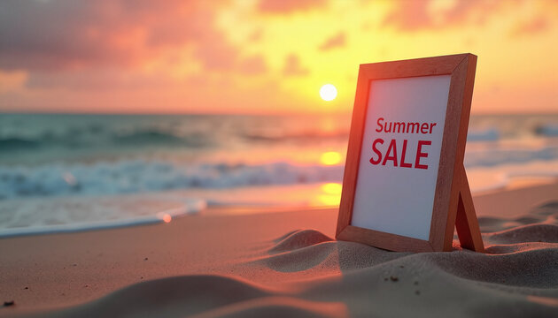 Rustic wooden flyer holder displaying "Summer Sale" at sunset on a sandy beach, vibrant promotional concept.