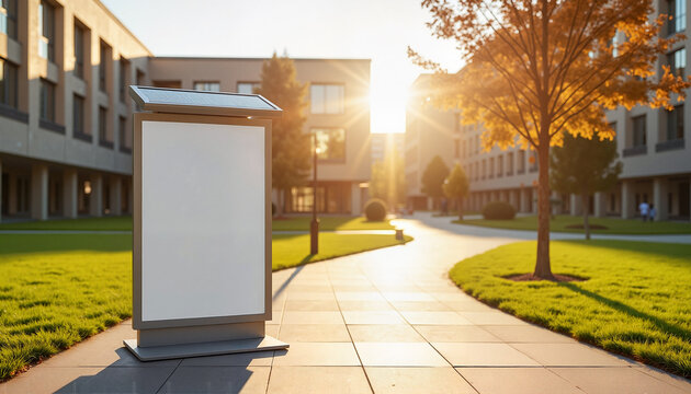 Solar-powered digital flyer stand positioned on a university campus path bathed in golden late afternoon light, modern outdoor display concept.