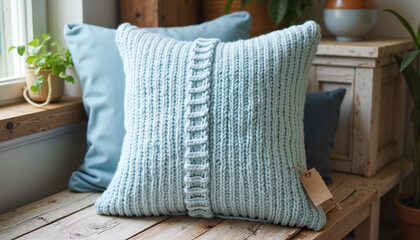 Handcrafted knitted pale blue pillow resting on a rustic farmhouse bench in soft morning light, cozy home decor concept.