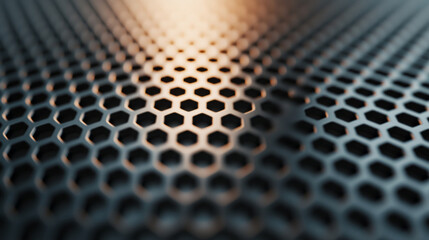 Fisheye angle minimalist photo of a dark metallic perforated surface with hexagonal holes and soft gradient lighting