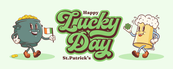 Saint Patrick Day Groovy Beer Tankard and Shamrock Retro Characters Banner. Cartoon Green Ale Mug with Clover Trefoil. Vector Irish Spring Holiday Mascot Template. Happy Vintage Illustration. Isolated
