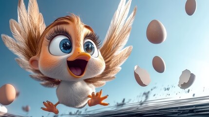 Fototapeta premium A cheerful cartoon bird with large eyes and wings joyfully flaps its wings amidst scattered eggshells, representing the innocence and excitement of new beginnings in an animated style.
