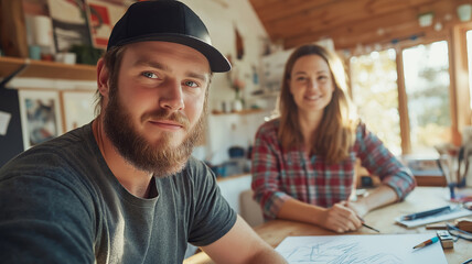 Two young entrepreneurs collaborating on a design project in their cozy home studio, showcasing teamwork and creativity in a small business environment