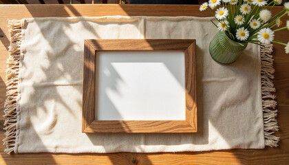 Rustic wooden frame with natural linen mat on a cottage-style table illuminated by warm noon sunlight, country charm concept.