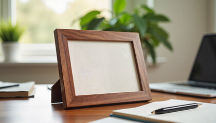 Walnut wooden frame with textured mat displayed on a contemporary office desk in soft morning light, symbolizing tranquility and organization.