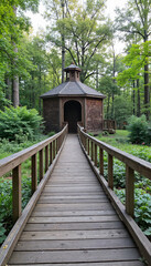 Wooden pathway leading to a rustic cabin in a lush green forest