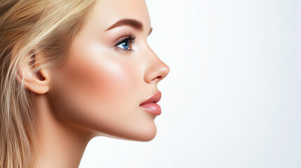 Fototapeta premium Profile side view of a beautiful woman, close-up view, white background