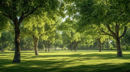 Serene green forest with lush trees and sunlit meadow in peaceful wilderness