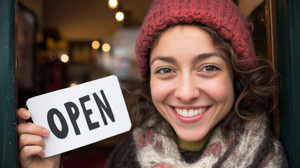 Smiling cafe owner proudly displaying an open sign on the shop door, eager to welcome customers into her cozy establishment