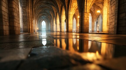 A dimly lit medieval cloister with arched stone columns and reflective wet floors, illuminated by warm candlelight