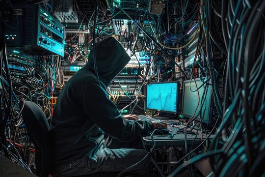 Anonymous hooded man hacking government database using multiple screens in a shady cyber hideout