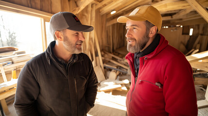 Two carpenters are smiling and talking inside their workshop, sharing knowledge and experience