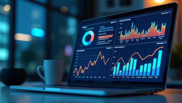 Business intelligence and analysis reports. Many graphs on reports and laptop display