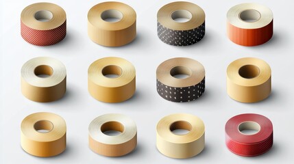 Variety of colorful toilet paper rolls displayed in rows on white background