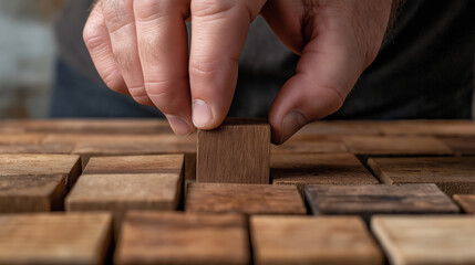 Hand selecting a wooden block from a variety, focusing on making a crucial decision for an upcoming project in construction