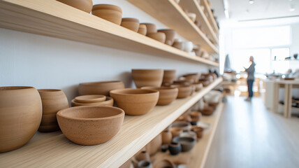 Various terracotta bowls and vases arranged on wooden shelves in a contemporary ceramics studio, with a ceramist managing digital orders in the background