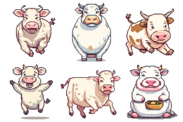 Obraz premium collection of pixel art cows in various styles and poses, 8-bit style