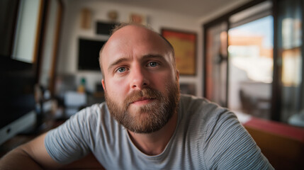 Obraz premium Concentrated professional with beard typing on laptop, working remotely from home workspace with modern minimalist background