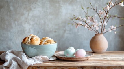 Rustic easter baking scene in farmhouse kitchen with hot cross buns, pastel eggs and cherry blossom branches, festive easter layout