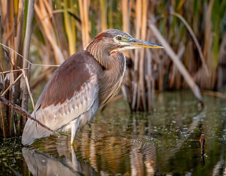 una vella garza, de pie en aguas poco profundas entre juncos y totoras. El ave tiene un plumaje predominantemente blanco y beige con un patr&oacute;n cr&iacute;ptico que le ayuda a camuflarse entre la vegetaci&oacute;n. S