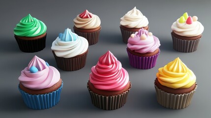 Colorful assortment of decorative cupcakes with various frosting styles and toppings