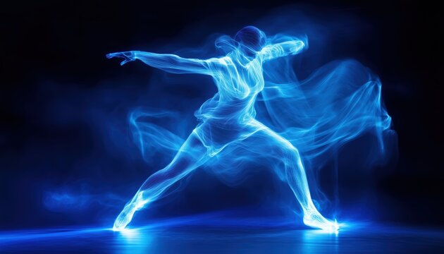 Graceful Movements And Stunning Body Art: Modern Dance Performance With Neon Blue Light And Long Exposure Motion Blur.