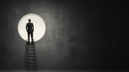 Businessman looking through a circular opening in a concrete wall, reaching for opportunity and new perspectives