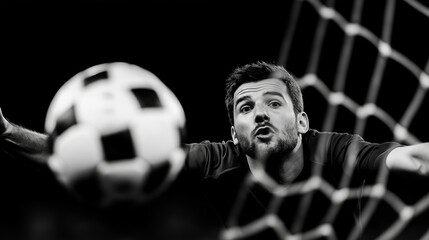 Goalkeeper leaping dynamically, blocking soccer ball mid flight with intense concentration in dramatic monochrome sports moment