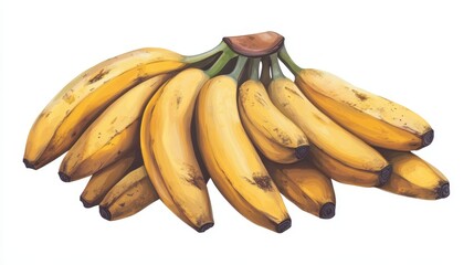 Bunch of ripe yellow bananas with brown spots on white background