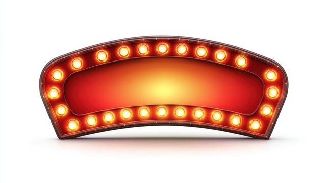 Vintage marquee sign with bright bulbs on glossy red background for retro advertisements