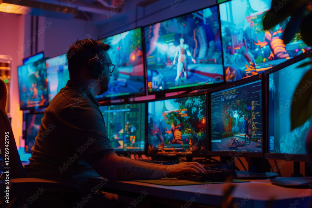 Fototapete Game developer wearing headphones works on 3D character design in studio with multiple monitors. Concept of gaming, creativity and digital art