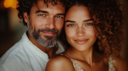 Multiracial couple embracing in warm golden light with intimate portrait. Man with beard and curly hair alongside woman with natural curls sharing tender moment indoors