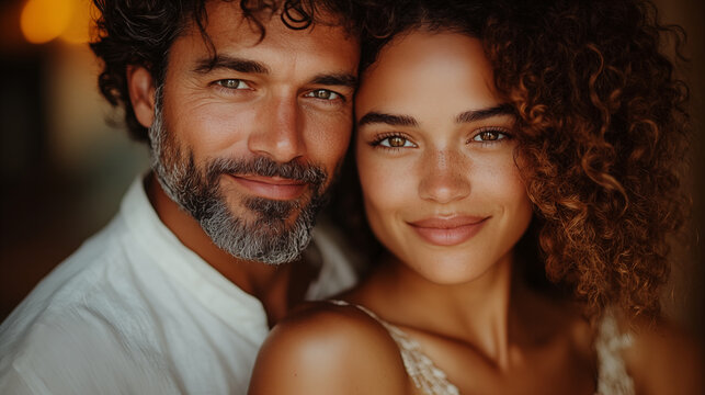 Multiracial couple embracing in warm golden light with intimate portrait. Man with beard and curly hair alongside woman with natural curls sharing tender moment indoors - Powered by Adobe