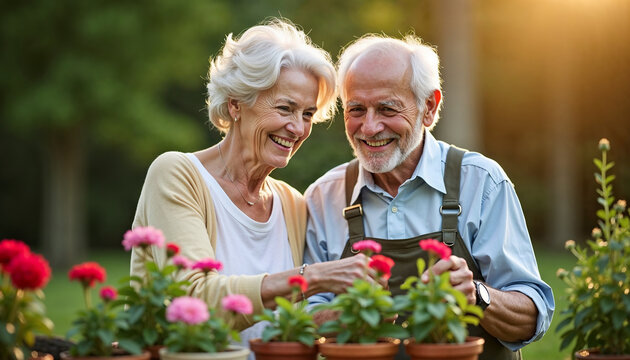 Elderly couple happily gardening together against a lush outdoor background - Powered by Adobe