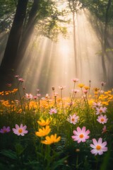 Obraz premium Beautiful colorful wild flowers in deep foggy forest with sun light in Spring.