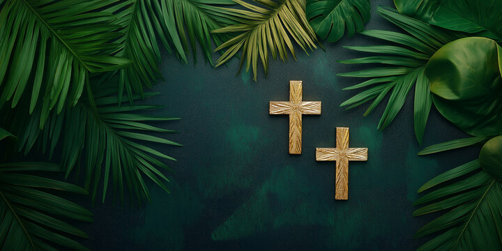 Two golden crosses amidst green tropical leaves on dark background
