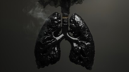 Naklejka premium Disturbing artwork depicting blackened lungs emitting smoke, exploring themes of addiction and health consequences in a darkened environment