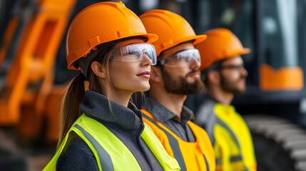 Obraz premium Diverse construction team of men and women collaborating at worksite while wearing safety gear and focused on the task at hand
